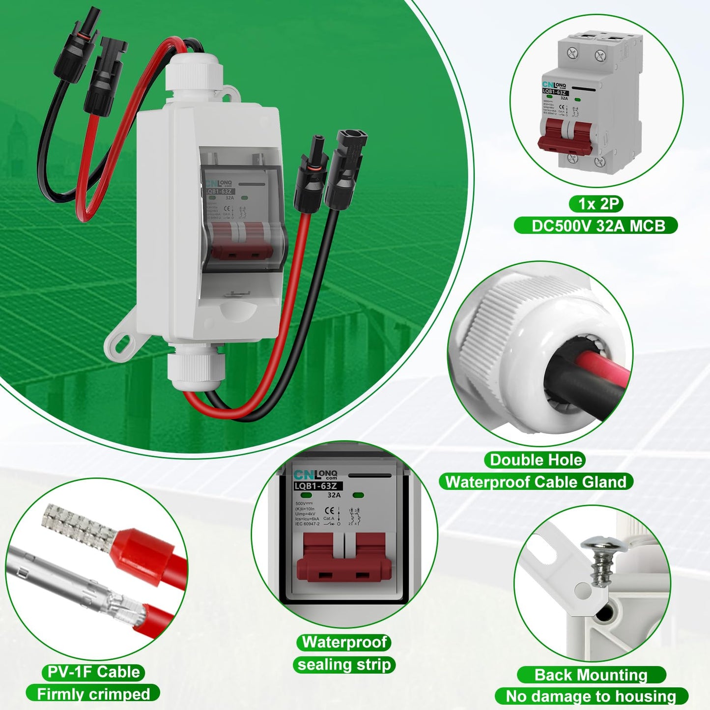 CNLonQcom Solar Panel Disconnect Switch 32 Amp 500V DC Miniature Circuit Breaker with PV Connector and IP65 Waterproof Box for Outdoor PV or AC Stystem