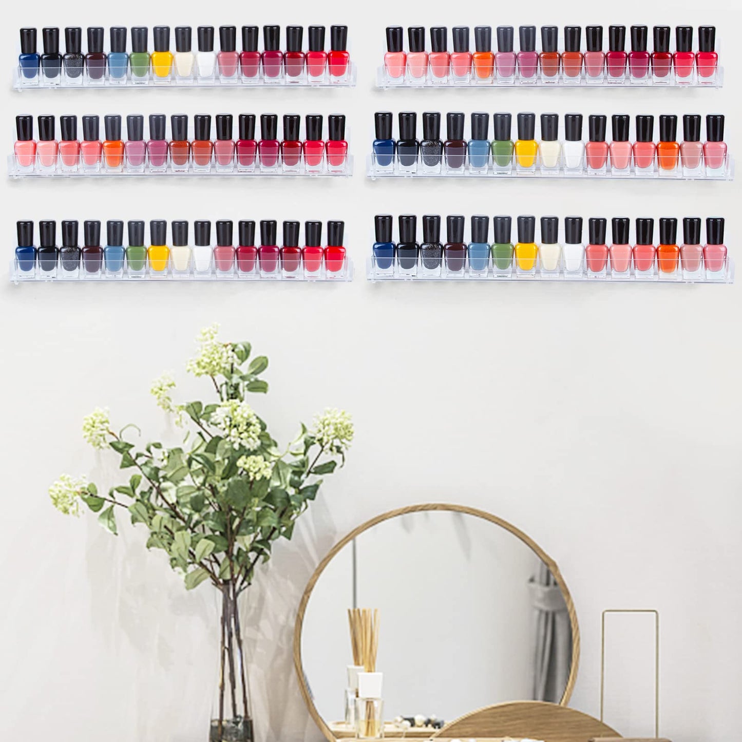 AMEITECH 6 Pack Acrylic Nail Polish Rack, Clear Wall Mounted Shelf Holder 90 Bottles, Nail Polish Organizer and Storage with Anti-Slip End Inserts, 15 Inch