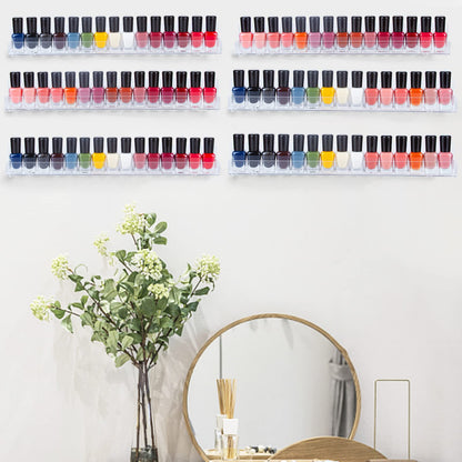 AMEITECH 6 Pack Acrylic Nail Polish Rack, Clear Wall Mounted Shelf Holder 90 Bottles, Nail Polish Organizer and Storage with Anti-Slip End Inserts, 15 Inch