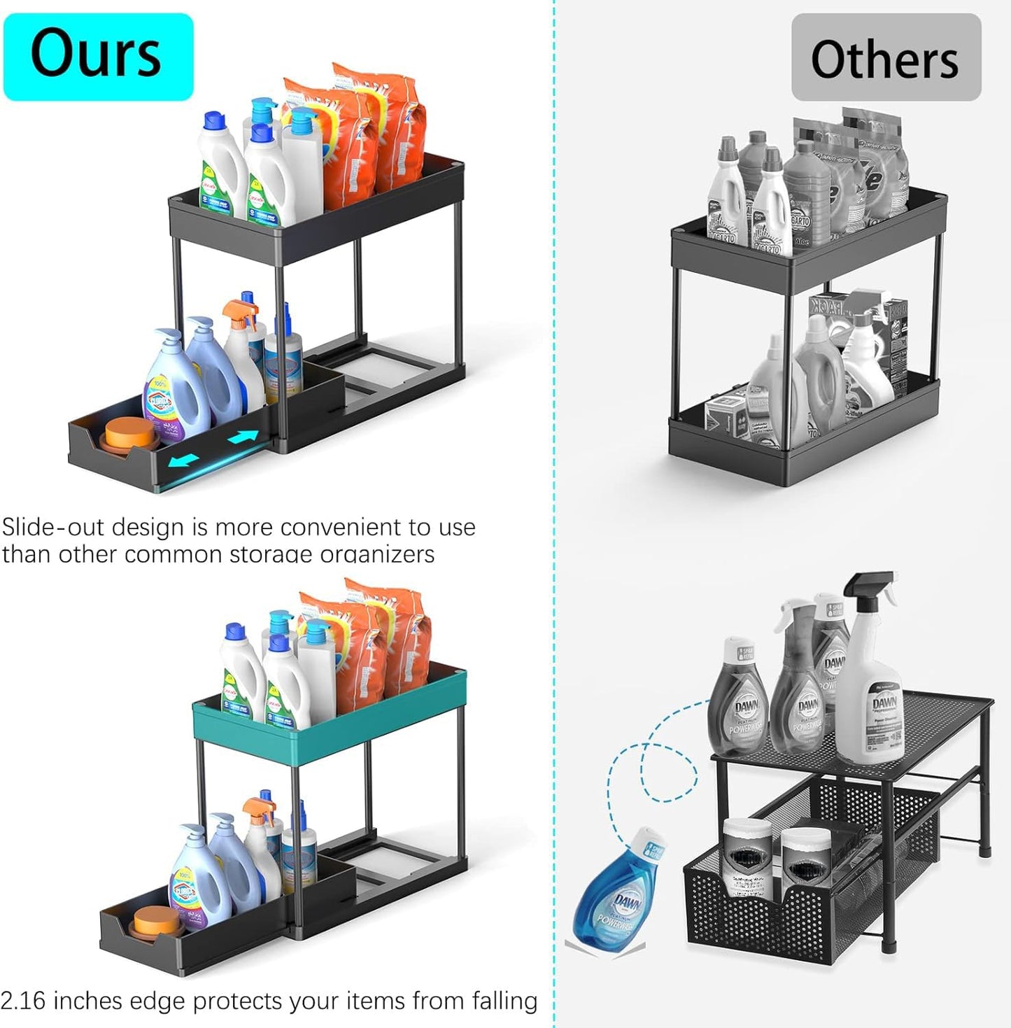 artzon 2 Pack Under Sink Organizers and Storage, 2-Tier Sliding Cabinet Basket Organizer with Hooks, Multi-Purpose Under Sink Organizers and Storage for Bathroom Kitchen