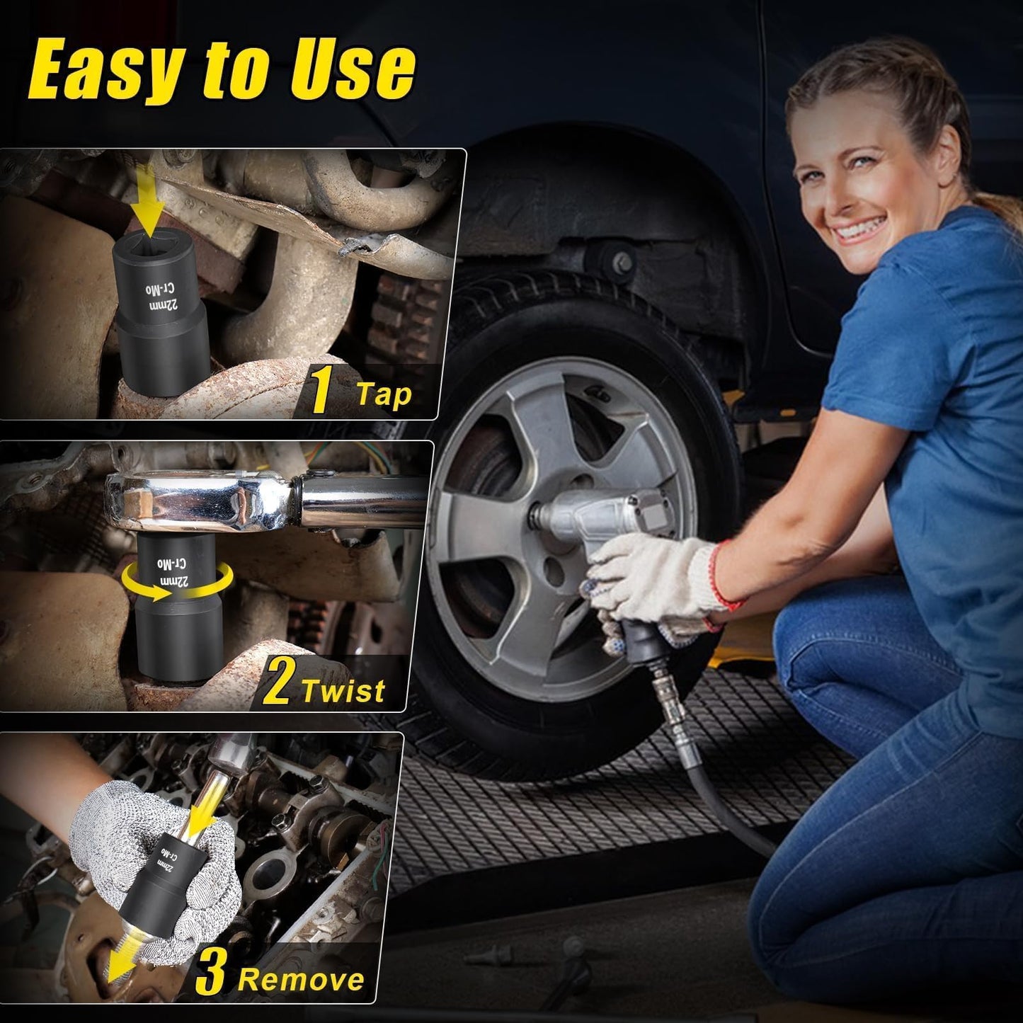 Topec 6PCS Lug Nut Removal Tool, 1/2-Inch Drive Wheel Lock Removal Kit, 17,19,21,22mm Stripped Lug Nut Remover, Extractor Socket Set for Broken, Damaged, Rounded Bolts