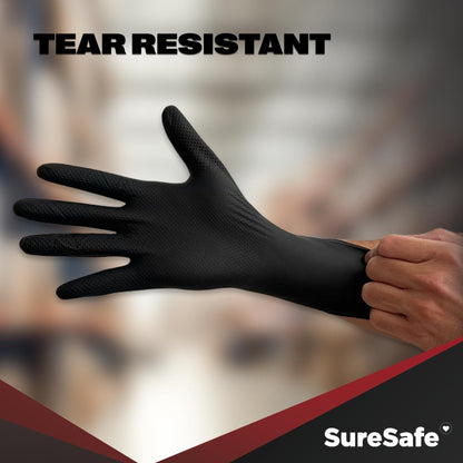 [100 Pack] SURESAFE 8 Mil Black Nitrile Gloves Large, Heavy Duty Powder & Latex Free, Diamond Grip, Fully Textured & Ribbed, For Work, Mechanics Gloves, BBQ, Butcher, Plumbing, Food Prep