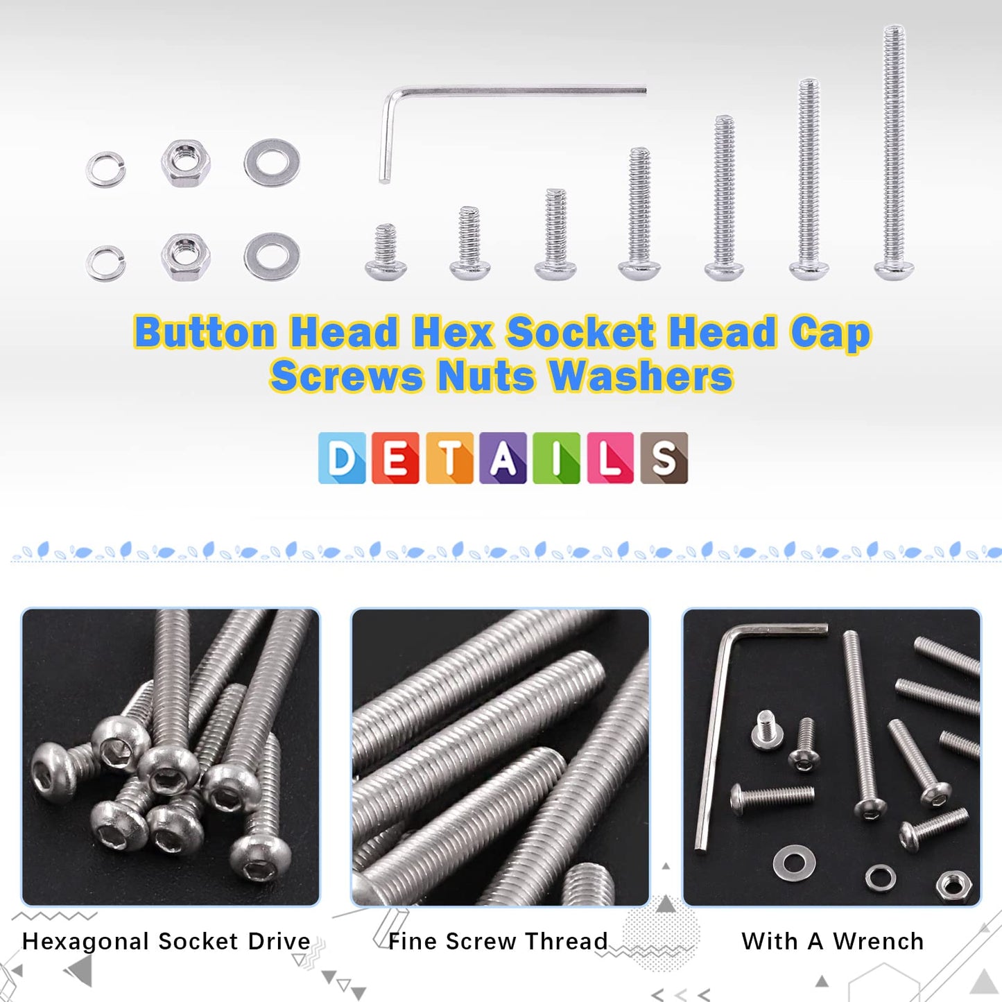 Glarks 1021Pcs M3 Button Head Screws 304 Stainless Steel Hex Socket Cap Screws Bolts and Nuts Washers Assortment Kit with Hex Wrench for Machinery Furniture Car Repair