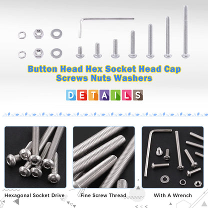 Glarks 1021Pcs M3 Button Head Screws 304 Stainless Steel Hex Socket Cap Screws Bolts and Nuts Washers Assortment Kit with Hex Wrench for Machinery Furniture Car Repair