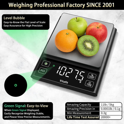 Vitafit 11lb Food Scale, High Accuracy 0.0001lb by Our Professional Factory Since 2001, Digital Kitchen Scale with% Percentage Function Cooking,Baking&Coffee, Stainless Steel, Big LED, Black