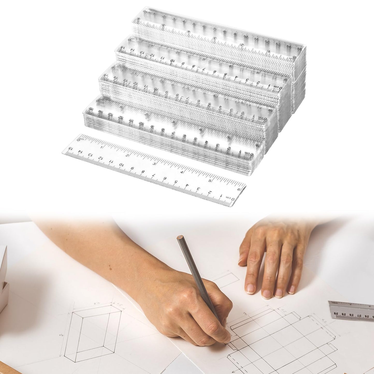 QWORK 6 Inch Rulers Bulk Clear Plastic Flexible Rulers with Inches and Centimeters, 100 Pcs Anti-Break Small Straight Ruler, School Office Supplies