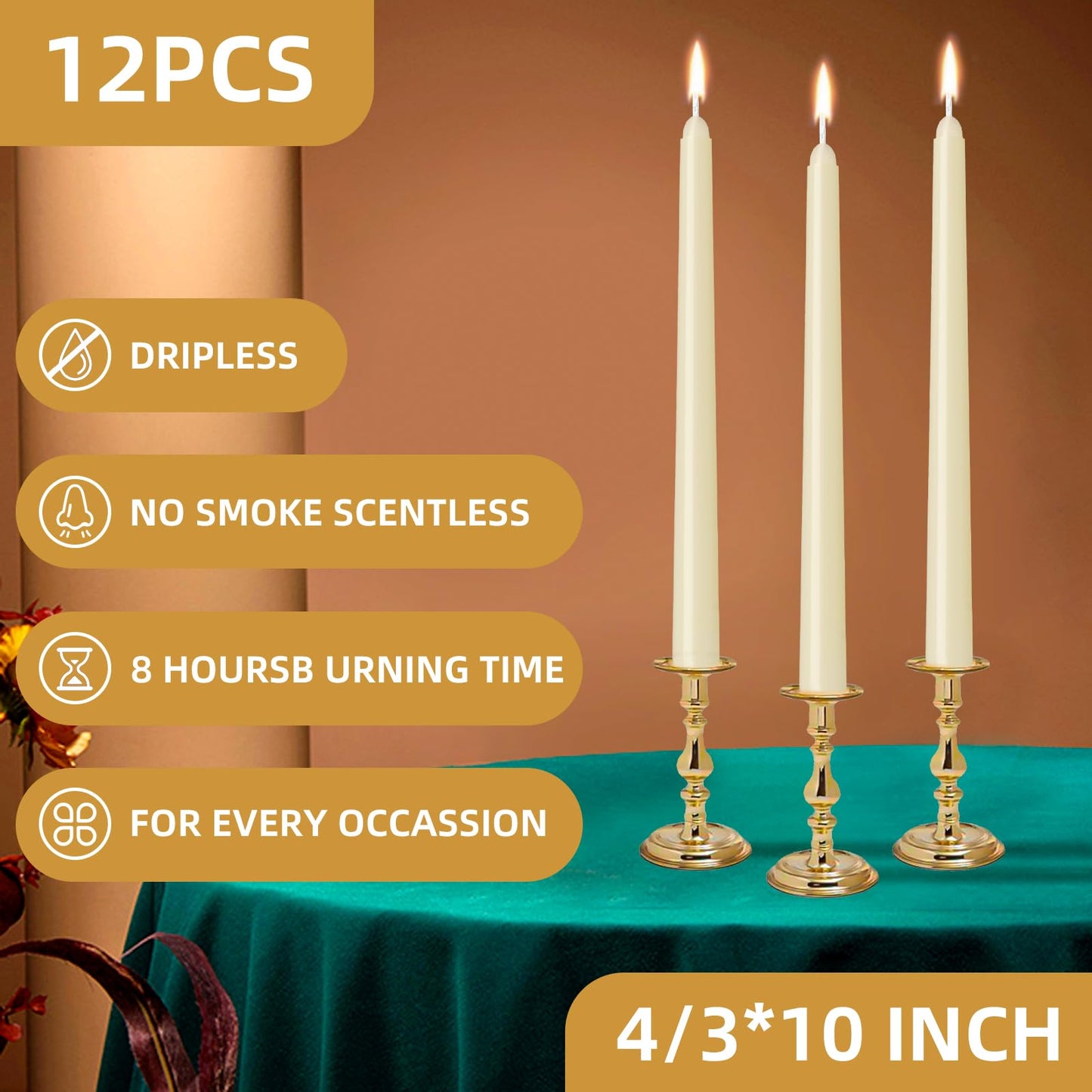 12 Pack Lvory Taper Candles 10 inch - Taper Candles Dripless, Smokeless, Unscented - 8 Hours Long Burning - Hand Poured Tall Candlesticks - Perfect for Home Decor, Weddings, and Special Occasions