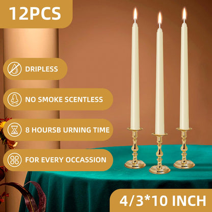12 Pack Lvory Taper Candles 10 inch - Taper Candles Dripless, Smokeless, Unscented - 8 Hours Long Burning - Hand Poured Tall Candlesticks - Perfect for Home Decor, Weddings, and Special Occasions
