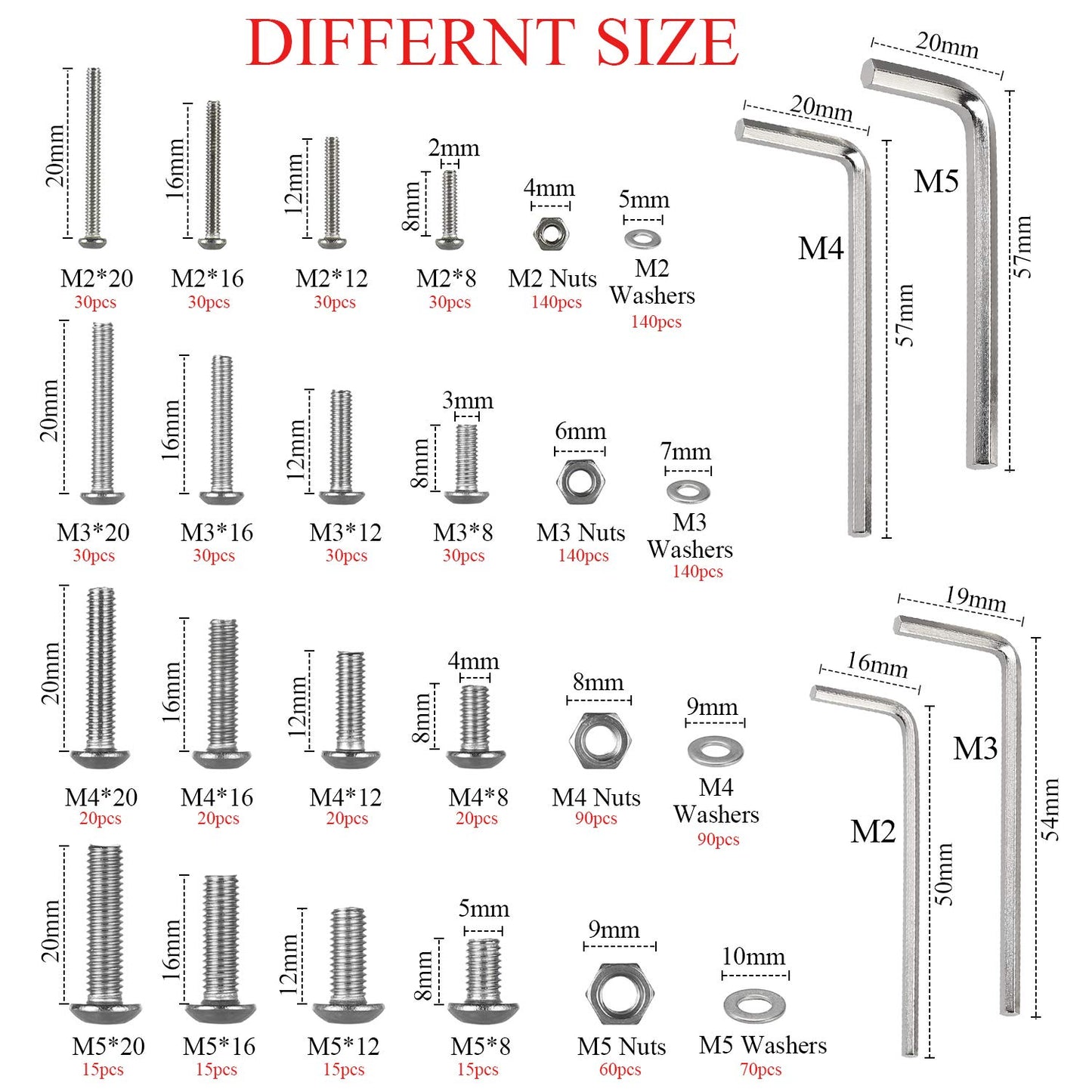 HanTof 1250Pcs 304 Stainless Steel M2 M3 M4 M5 Hex Button Head Cap Screws,Hex Socket Machine Screws, Hex Socket Bolts,Nuts and Washers Assortment Set Kit with 4 Hex Wrenches