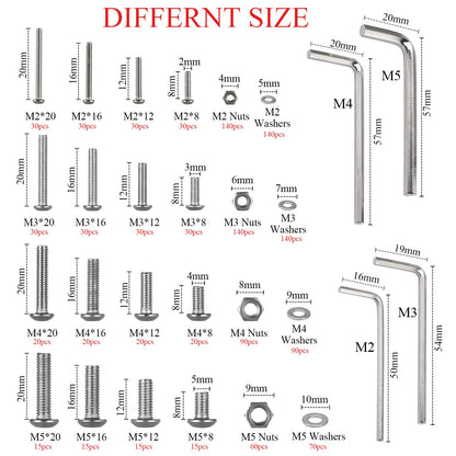 HanTof 1250Pcs 304 Stainless Steel M2 M3 M4 M5 Hex Button Head Cap Screws,Hex Socket Machine Screws, Hex Socket Bolts,Nuts and Washers Assortment Set Kit with 4 Hex Wrenches