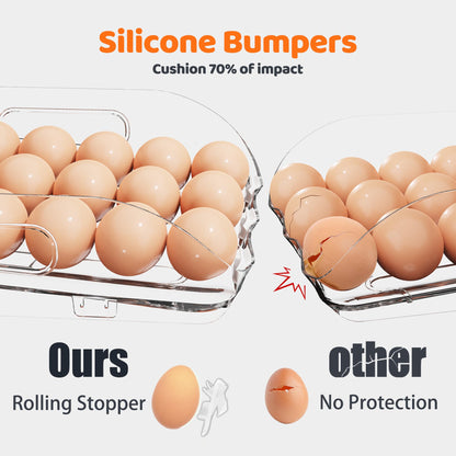 SMRCAD Egg Holder for Fridge, Automatic Stable Rolling Egg Dispenser with Handle & Silicone Pad for Refrigerator, Large Capacity Egg Organizer with Lid