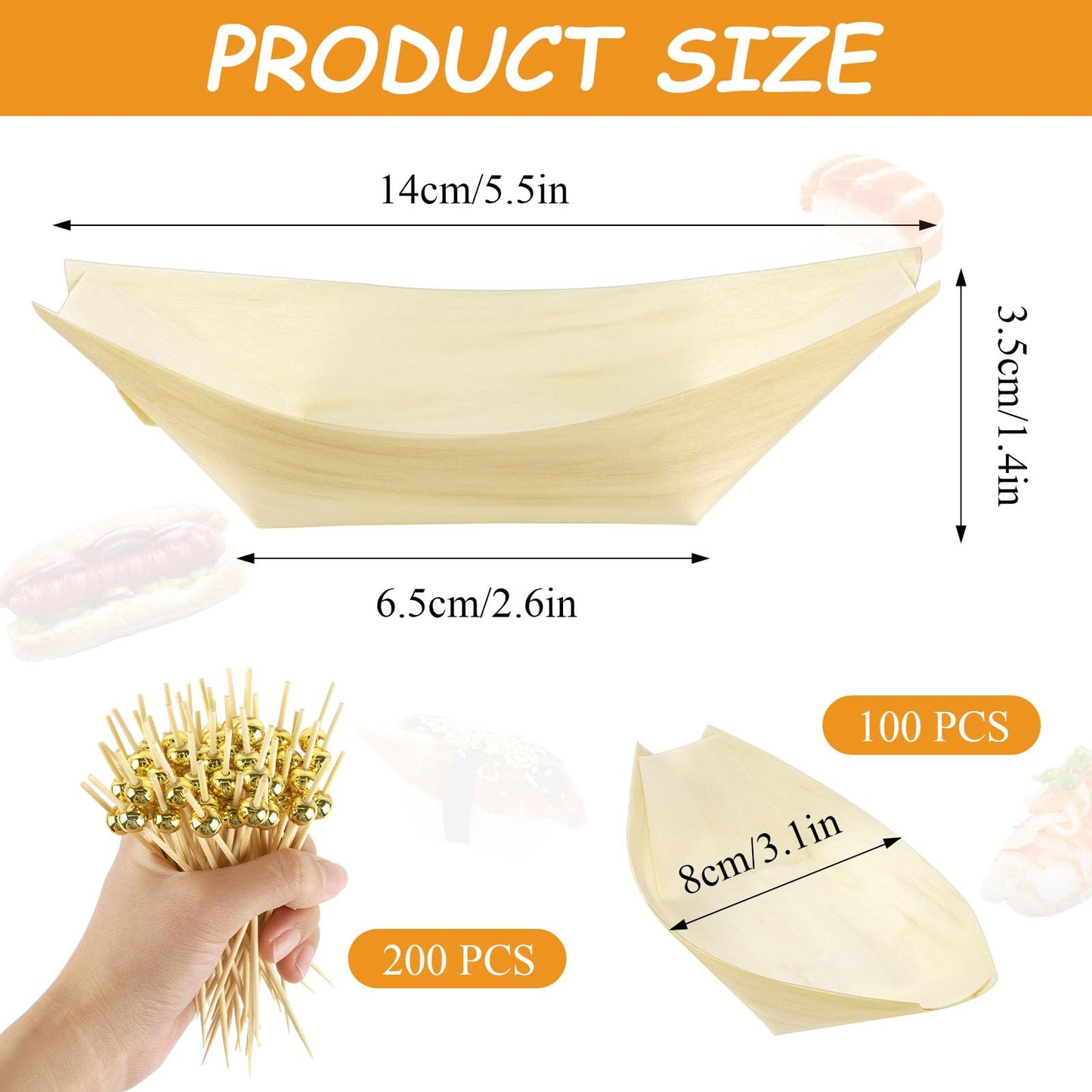 Supkiir 300 Pcs Disposable Wooden Boat Plates with Cocktail Picks, 14 cm Wood Boat Plates for Appetizer, Small Sushi Boat Serving Tray Food Container for Catering, Home and Party