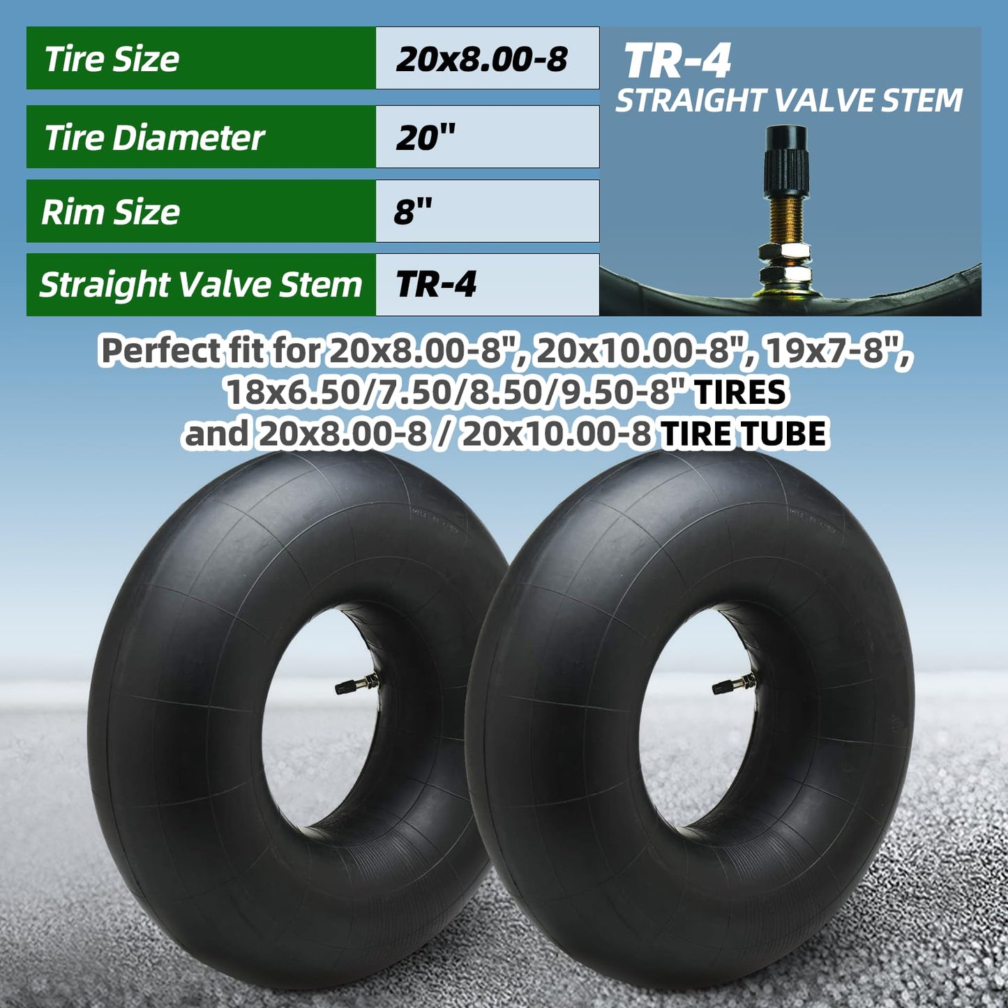 (2 Pack) AR-PRO 20x8.00-8" to 20x10.00-8" Replacement Inner Tubes - Universal Fit Inner Tubes with TR4 Straight Valve Stem Compatible with Lawn Mowers, Tractors, Golf Carts, and Garden Trailers
