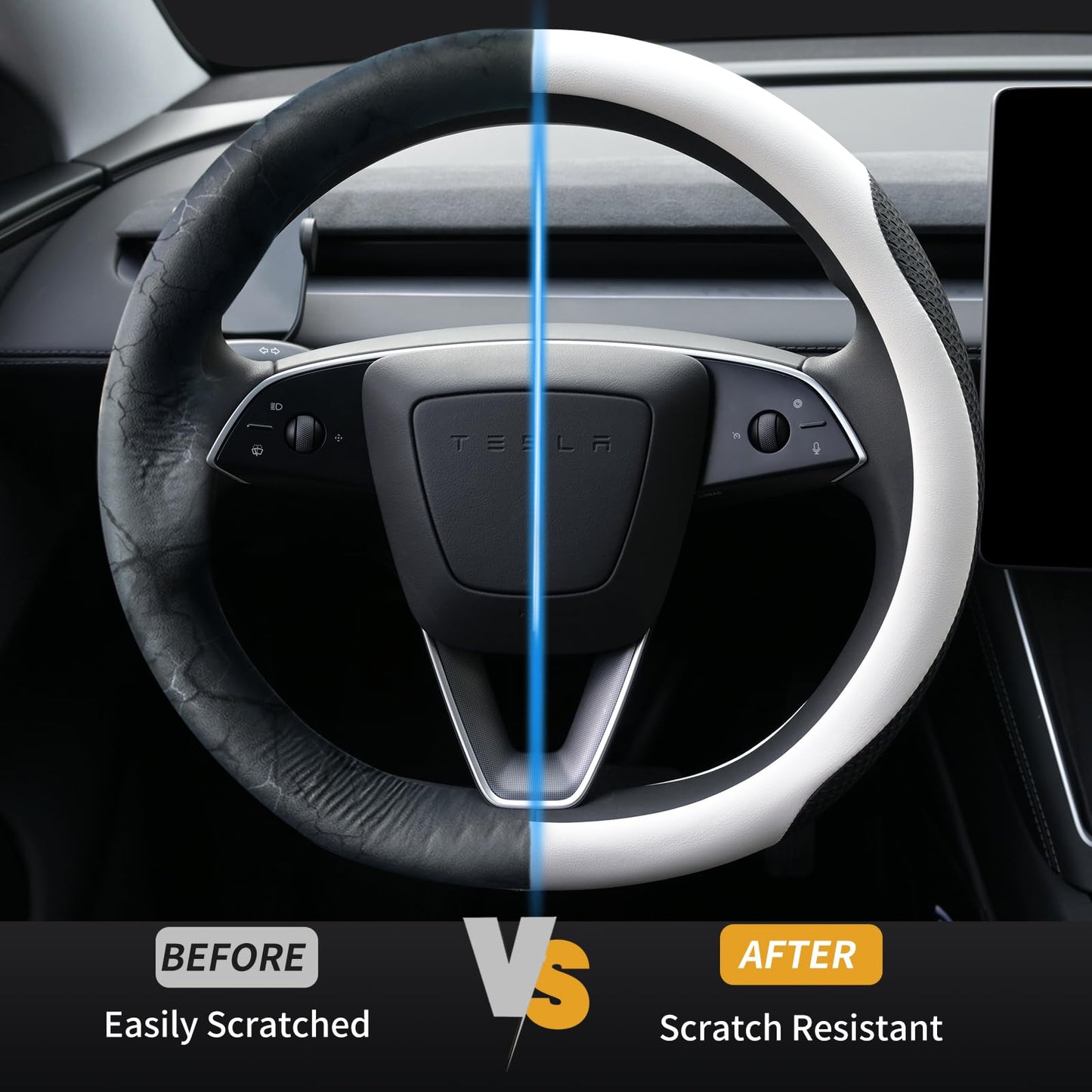 Uxcer Nappa Leather Steering Wheel Cover for Tesla Model 3/Y 2016-2025 2026 Juniper/Highland, Non-Slip Breathable Tesla Model 3/Y Steering Wheel Protector, White