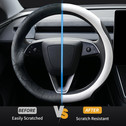 Uxcer Nappa Leather Steering Wheel Cover for Tesla Model 3/Y 2016-2025 2026 Juniper/Highland, Non-Slip Breathable Tesla Model 3/Y Steering Wheel Protector, White