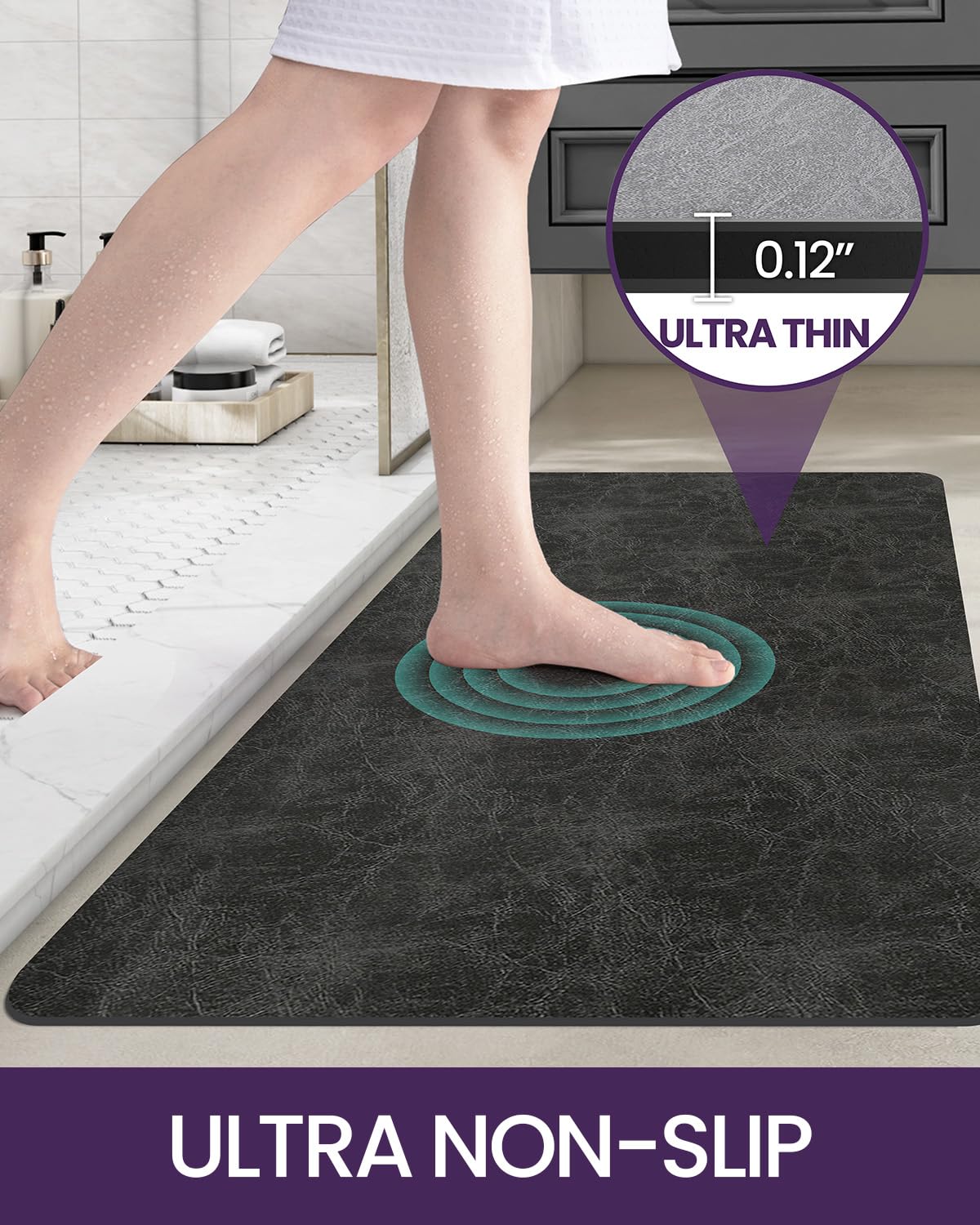 DEXI Thin Bath Mat Absorbent Quick Dry, 17x32 Rubber Non Slip Bathroom Rug, Washable Shower Floor Bathmat for Bathtub, Sink, Grey