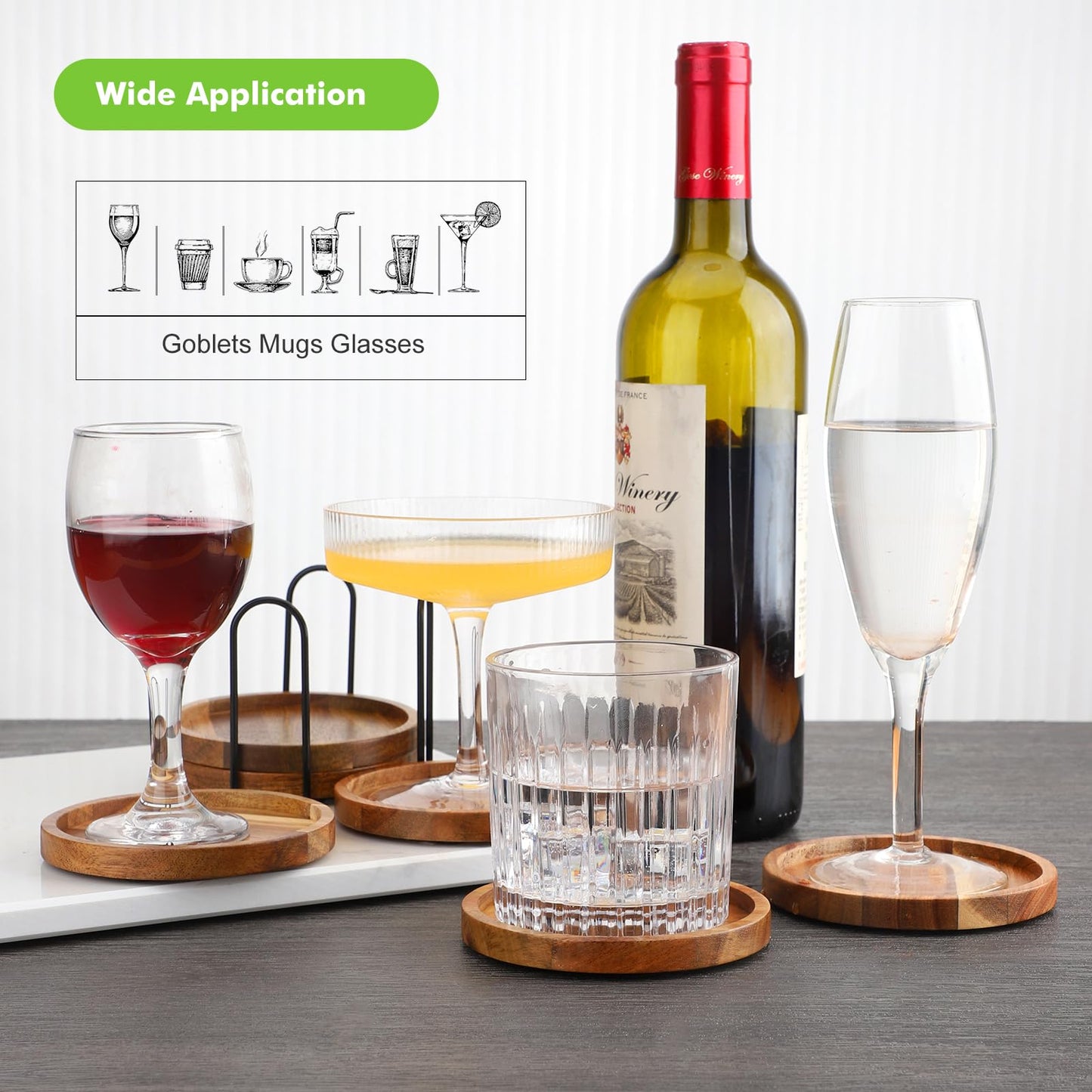 WLWNWFT Acacia Wood Round Coasters with Holder, Set of 6, Brown