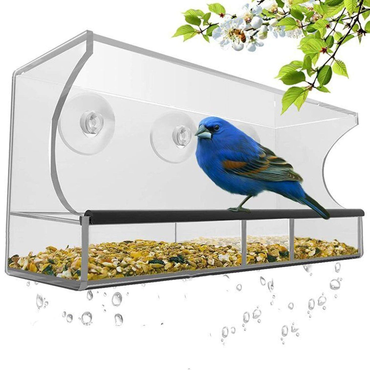 Bird Feeder, Window Bird House Crystal Clear Acrylic with Removable Tray, Drain Holes and 3 Heavy Duty Suction Cups, Weatherproof Design, Squirrel Resistant, Drains Rain Water