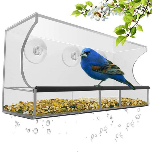 Bird Feeder, Window Bird House Crystal Clear Acrylic with Removable Tray, Drain Holes and 3 Heavy Duty Suction Cups, Weatherproof Design, Squirrel Resistant, Drains Rain Water