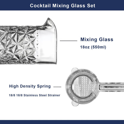 Carfeel 2 Piece Crystal Cocktail Mixing Glass Set with Hawthorne Strainer, Old Fashioned Mixing Glass