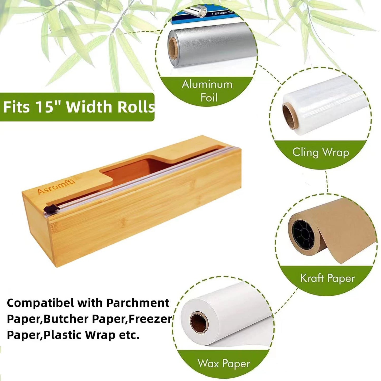 15 in Long Foil and Plastic Wrap Dispenser with Slide Cutter, Bamboo Kitchen roll Organizer Holder for 15’’roll,Compatible with Aluminum Foil, Parchment Paper,Wax Paper,Cling Film