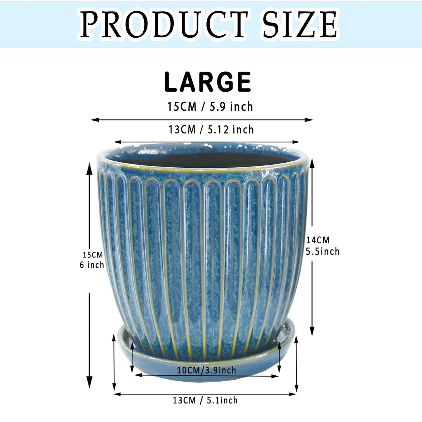 6 Inch Ceramic Plant Pots with Drain Hole & Saucer, Ceramic Pots for Indoor Plants - Succulent, Snake Plant, Money Tree, Aloe Vera, Basil Planter（Glaze Blue）