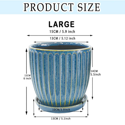 6 Inch Ceramic Plant Pots with Drain Hole & Saucer, Ceramic Pots for Indoor Plants - Succulent, Snake Plant, Money Tree, Aloe Vera, Basil Planter（Glaze Blue）