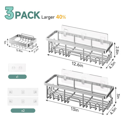 Veken Large Capacity Shower Caddy 3-Pack, No Drilling Adhesive Rack with Soap Holder, Rustproof & Waterproof Shelves, Bathroom Organizers and Storage, Wall-Mounted Kitchen & Home Decor, Silver