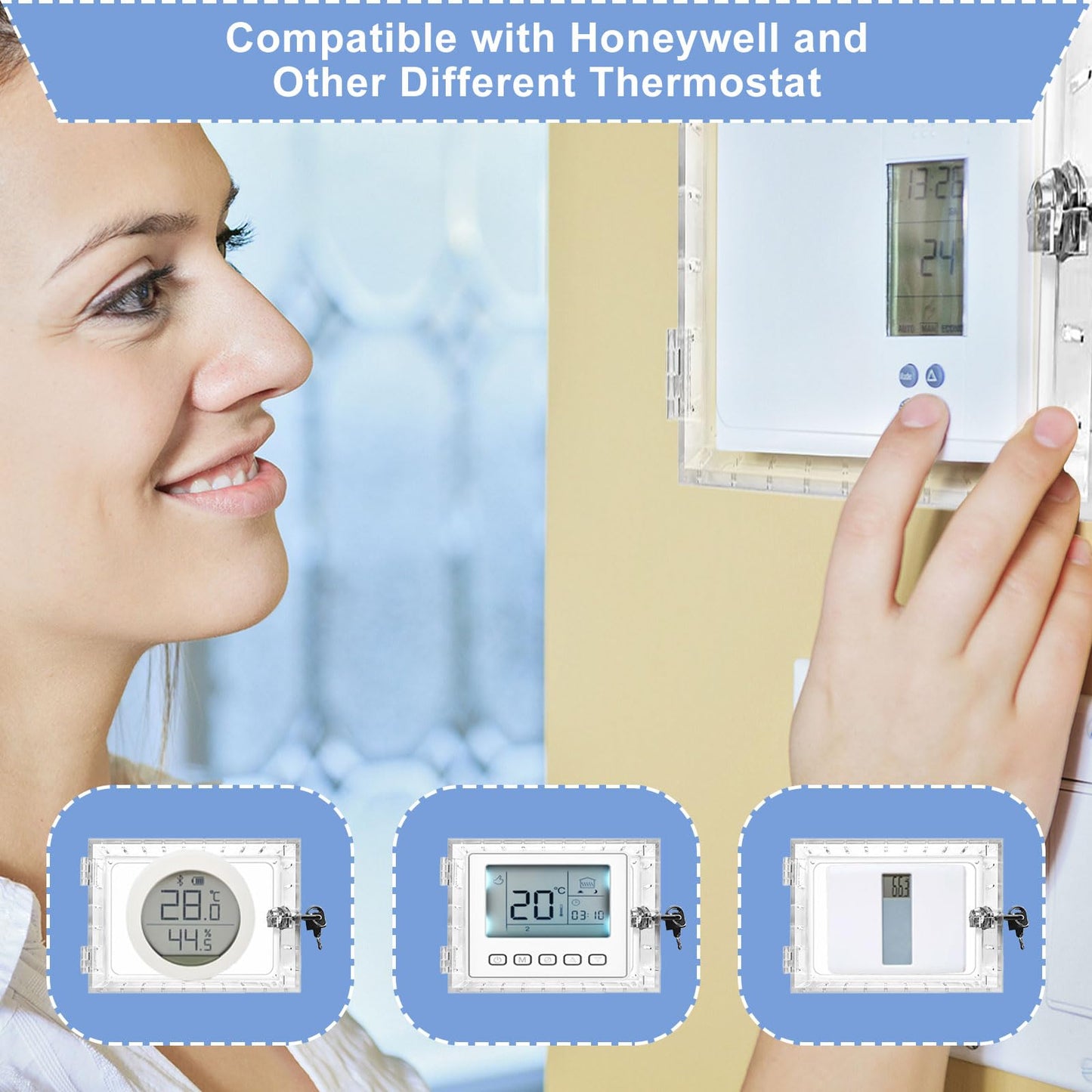 Universal Thermostat Lock Box with Key, Clear Large Thermostat Guard for Wall, Thermostat Cover with Lock for Thermostats 6.5" x 4" x 2" or Smaller (2)
