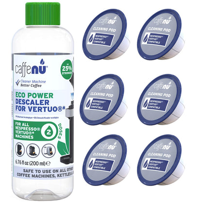 Caffenu Descaling Kit Compatible with Nespresso Vertuo 2 Uses Descaling Solution and 6 Cleaner Pods. Removes Limescale & Cleans Pod Area. Better Tasting & Hotter Coffee. 4 Month Supply.