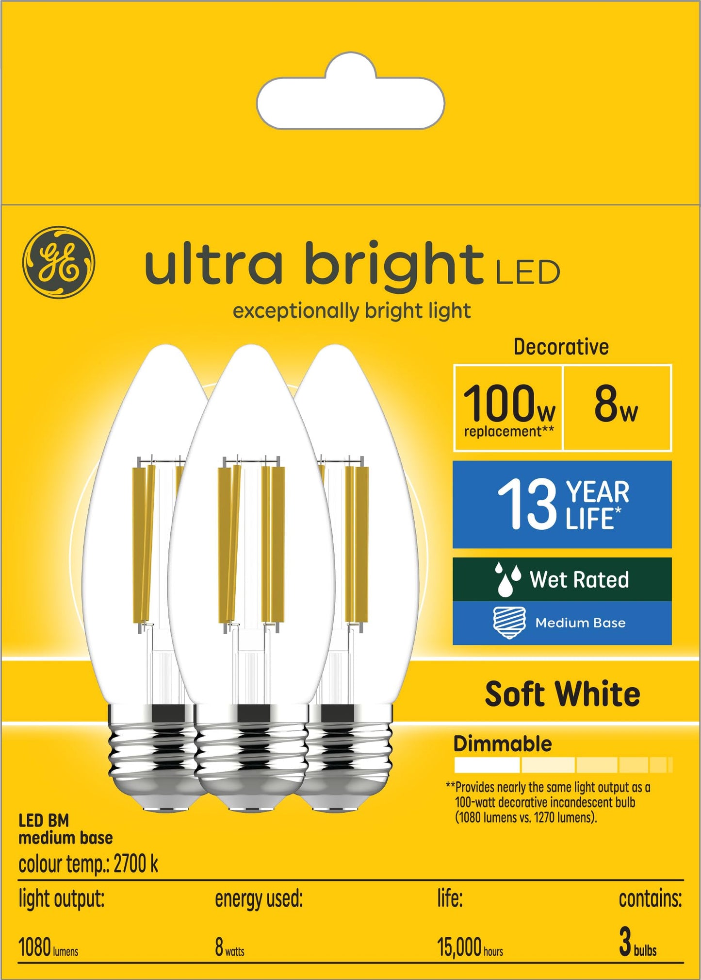 GE Ultra Bright LED 8-Watt (100-Watt Replacement) Medium Base, Soft White, Blunt Tip Candle Bulbs (3 Pack)