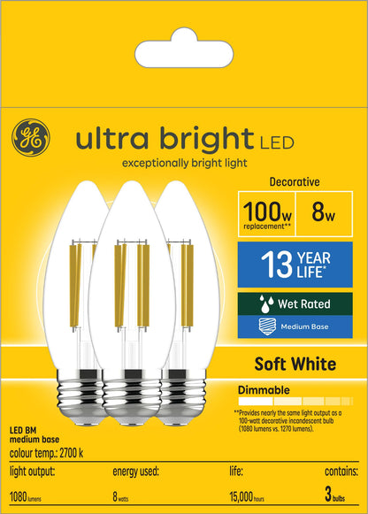 GE Ultra Bright LED 8-Watt (100-Watt Replacement) Medium Base, Soft White, Blunt Tip Candle Bulbs (3 Pack)
