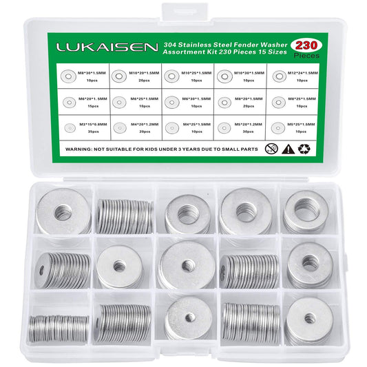 Washers for Screws, 230PCS Stainless Steel Washers, Metal Flat Washers, 15 Sizes Fender Washers Assortment Set for Bolts, M3, M4, M5, M6, M8, M10, M12 Factories Repair Construction