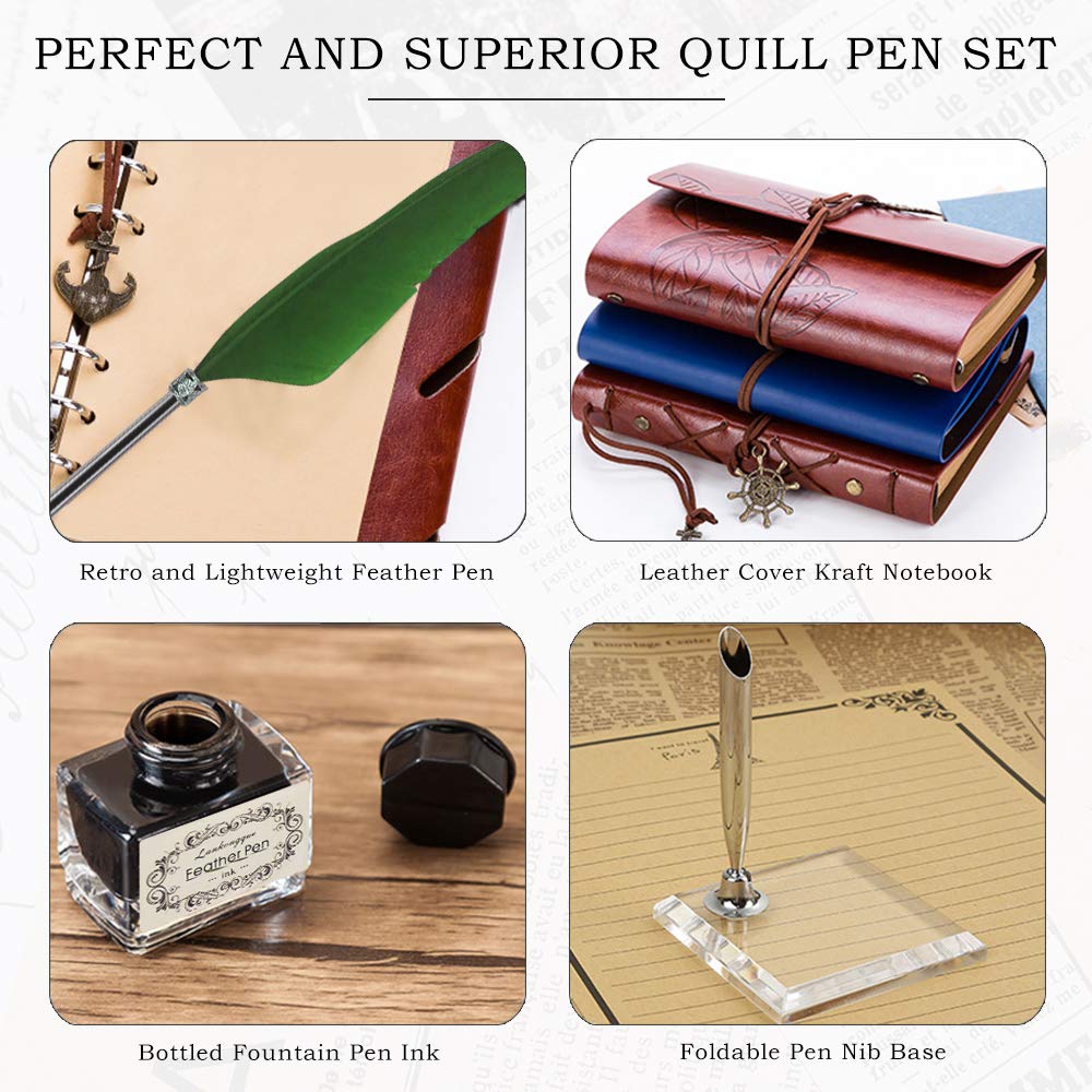 Quill Pen,Natural Handcrafted Calligraphy Pen Set, Antique Dip Luxury Feather Pen and Ink Set with Writing Pen, 5 Replacement Nibs, Pen Nib Base, Notebook, 1 Ink and Gift Box, Green
