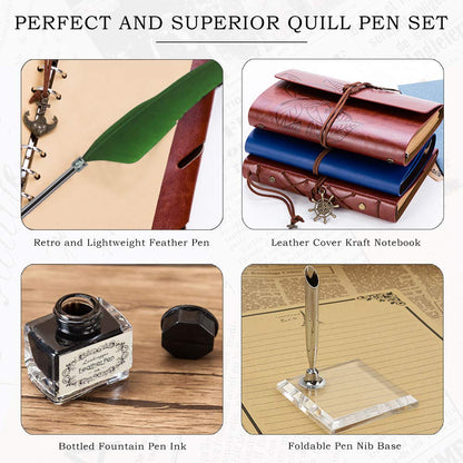 Quill Pen,Natural Handcrafted Calligraphy Pen Set, Antique Dip Luxury Feather Pen and Ink Set with Writing Pen, 5 Replacement Nibs, Pen Nib Base, Notebook, 1 Ink and Gift Box, Green