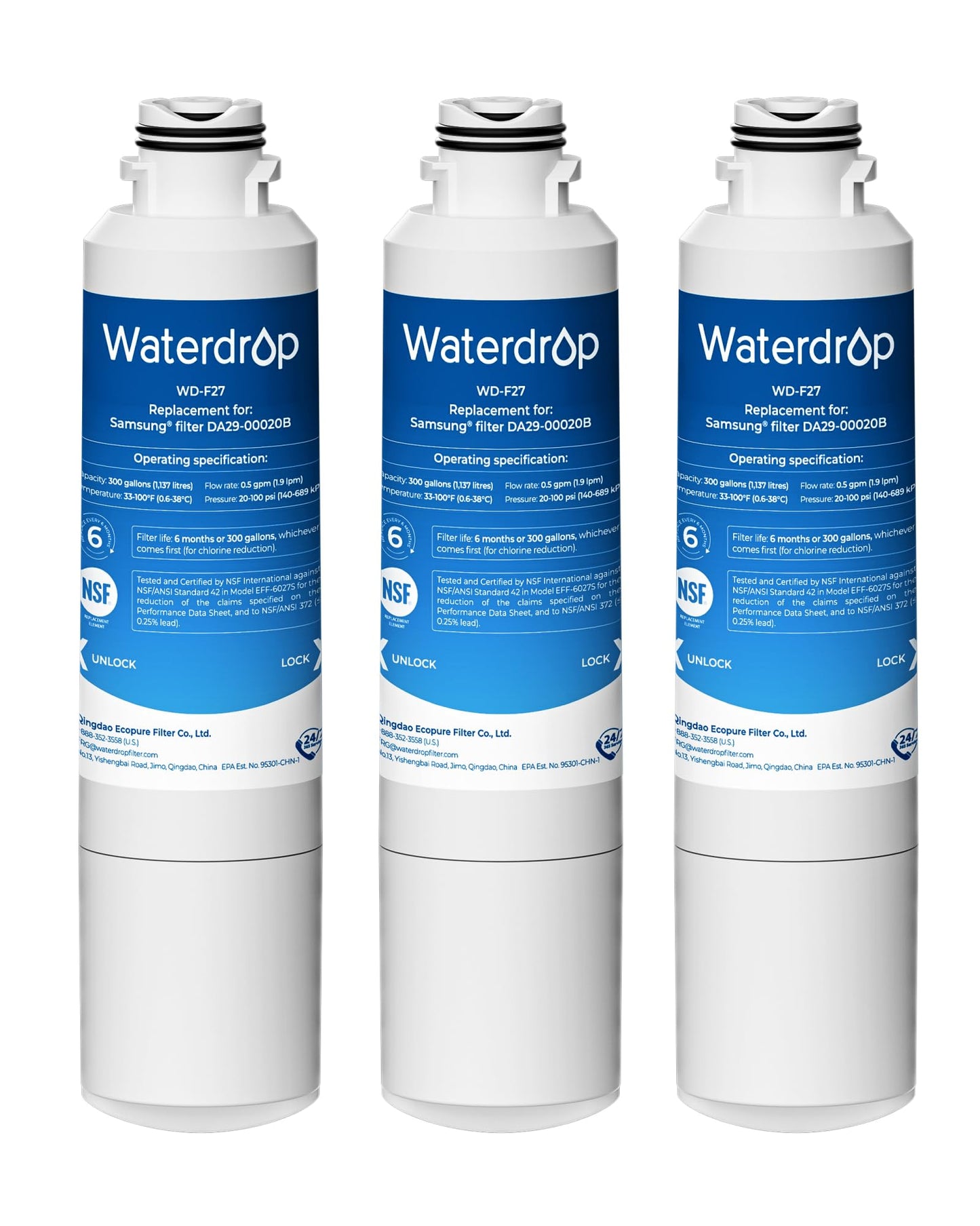 Waterdrop DA29-00020B Replacement for Samsung Water Filter HAF-CIN/EXP, DA29-00020B, HAF-CIN, DA29-00020B-1, RF28HMEDBSR, RF263BEAESR, RS25J500DSR, RF263TEAESG, HDX FMS-2, DA97-08006A-1, 3 Filters