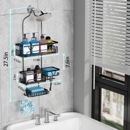 DAOYA Black Shower Caddy Hanging - Over the Shower Head Caddy 3 Tier Bathroom Organizer With 4 Baskets, Soap Holders, Multi Hooks, Rustproof, Stainless Steel
