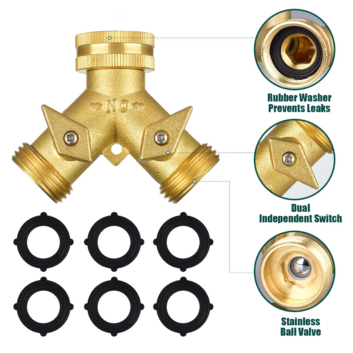 Brass Hose Splitter 2 Way, Heavy Duty Garden Hose Y Splitter with 2 Hose Protectors 6 Extra Rubber Washers