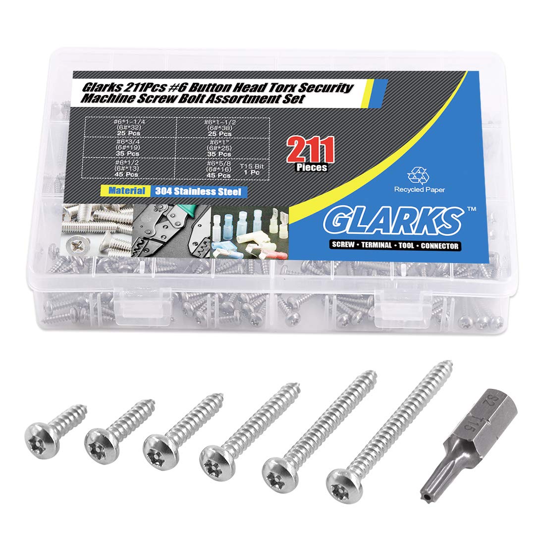 Glarks 211Pcs #8 x 1/2'' / 5/8'' / 3/4'' / 1" / 1-1/4'' / 1-1/2'' Button Head Torx Security Sheet Metal Screws Assortment Set, 6 Size Stainless Steel Tamper Resistant Screws with T20 Bit