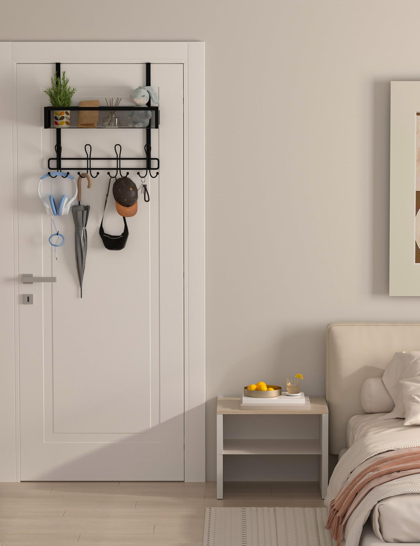 Over The Door Hooks Organizer Storage - Over The Door Hanger for Coat Rack, Over Door Storage with 12 Hooks & 2 Mesh Baskets, for Bathroom,Bedroom,Kitchen,Office (Single Basket)