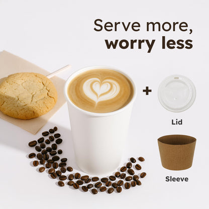 16oz Disposable Coffee Cups with Lids and Sleeves – Set of 50 Disposable Cups for Hot and Cold Drinks – White Paper Cups with Lids and Covers for Thermal Protection – 50 Units, 16oz Each