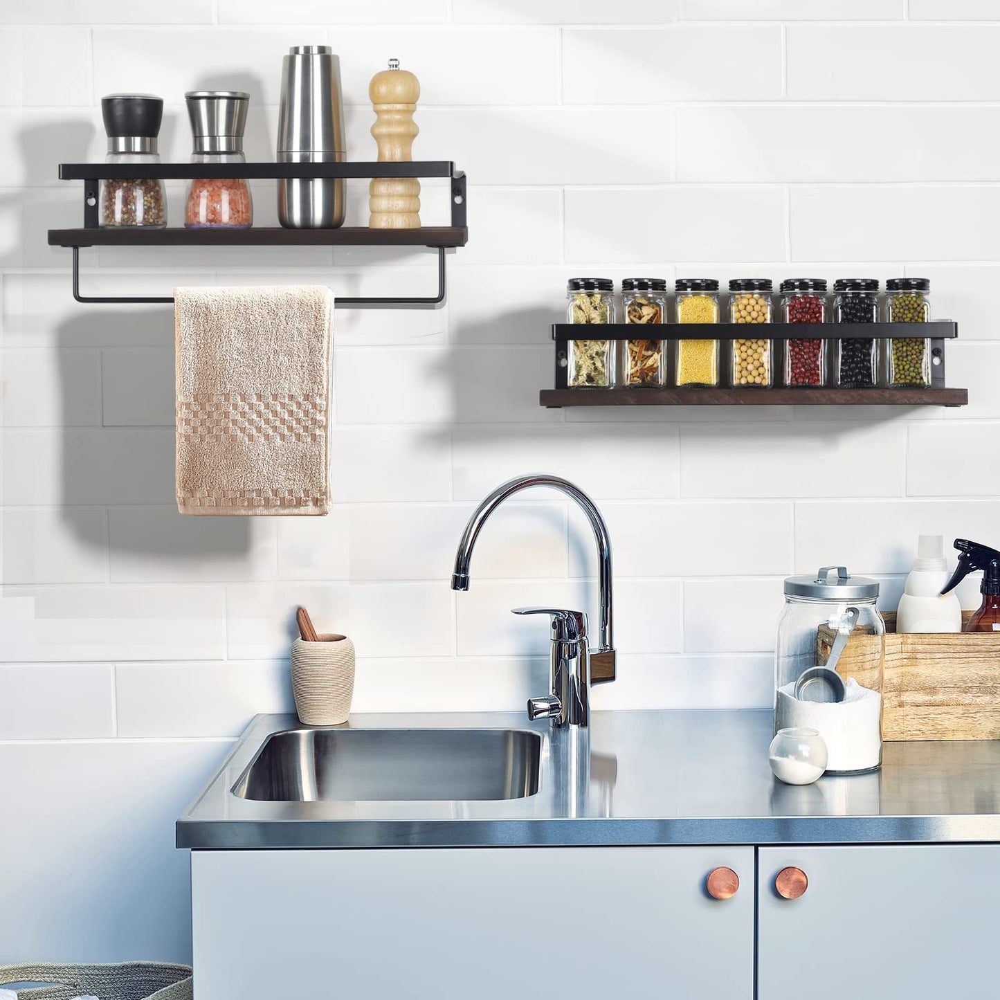 Rustic Floating Shelves Wall Mounted, Bathroom Wall Shelf Set of 2, Floating Storage Decor Wood Wall Shelves with Towel Rack for Bahtroom, Kitchen, Laundry Room etc (Brown)