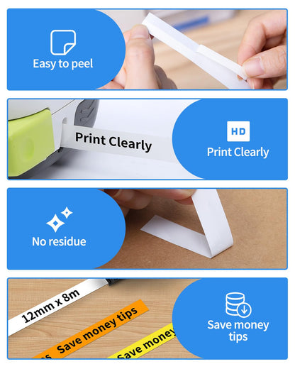 6 Pack Label Maker Tape 12mm Compatible with Brother P Touch D210 D220 D410 H100 H111 H200BP P700 P710BT P750W D610BT, Compatible with Tze Tz Tape 12mm Purple/Turquoise Blue/Orange/Yellow/Red/White