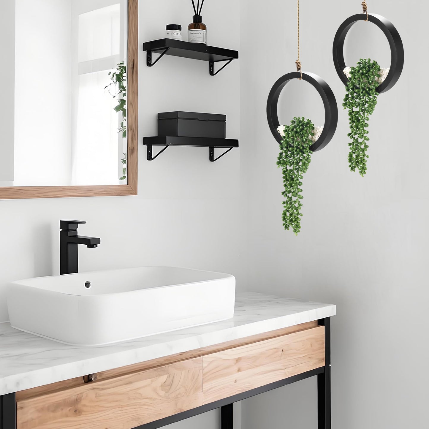 Der Rose 2Pcs Fake Hanging Plants Artificial Succulents Faux Hanging Plants in Black Pots for Bathroom Home Boho Kitchen Office Wall Decor Living Room Indoor