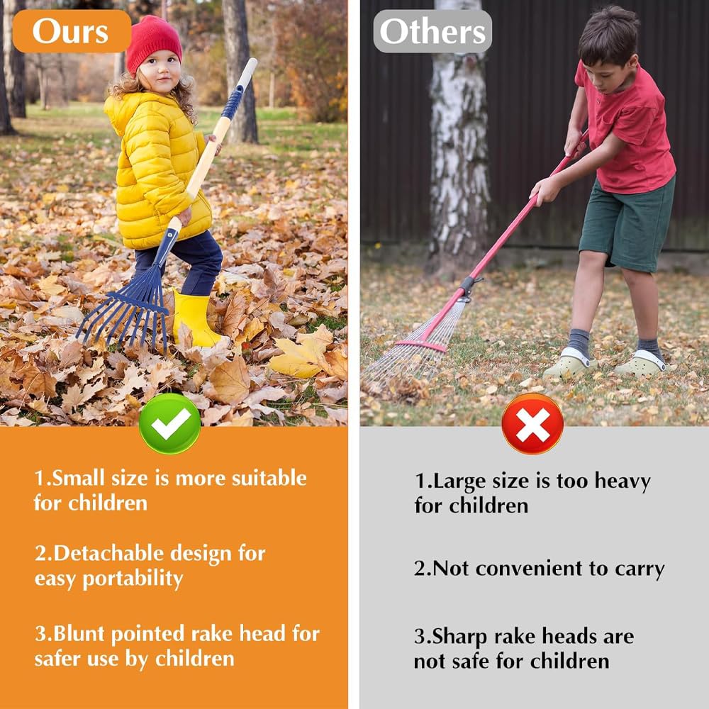3 Pieces Rakes with Wooden Handle&Head , 27" Lawn Rakes for Leaves