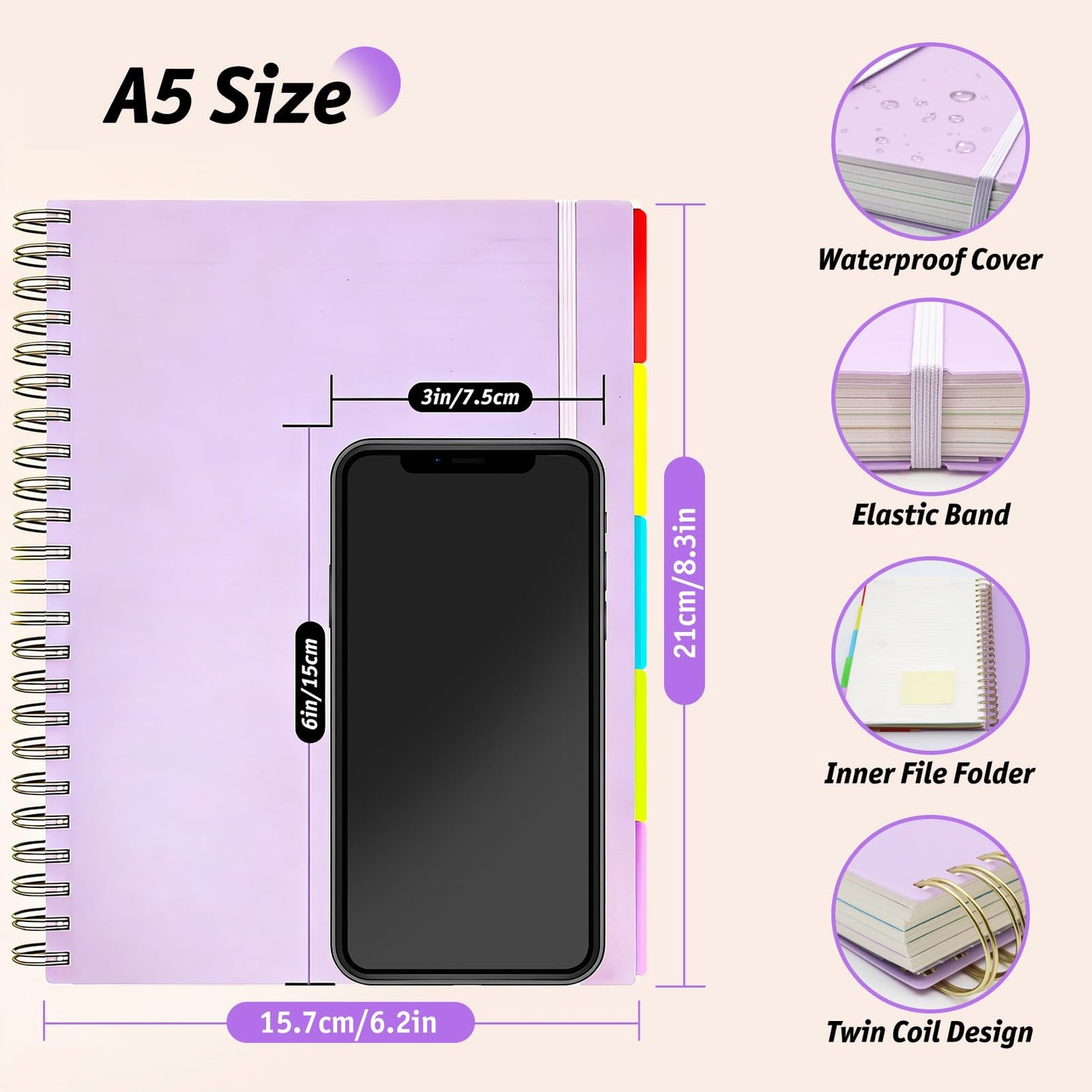 360 Pages A5 Spiral Notebook, 5 Subject Notebooks College Ruled, 100 GSM Thick Paper Lined Journal, Large Note Book with Removable Dividers for School, Office, Work and Writing (Purple)