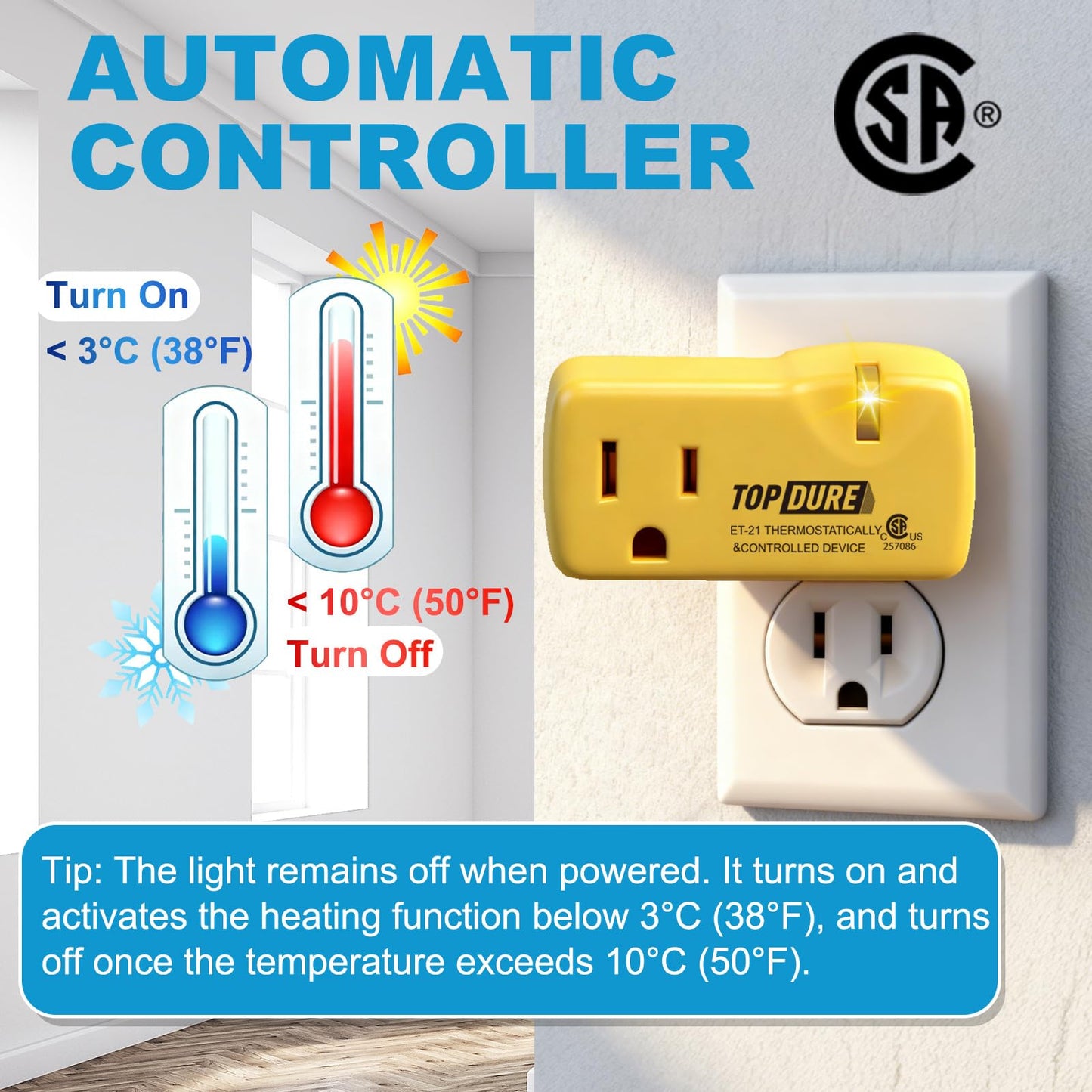 TOPDURE Automatic Thermostatic Plug, Suitable for Heating Tapes, Greenhouses, Well House Heaters, 38℉ Auto On/50℉ Auto Off, 2pcs