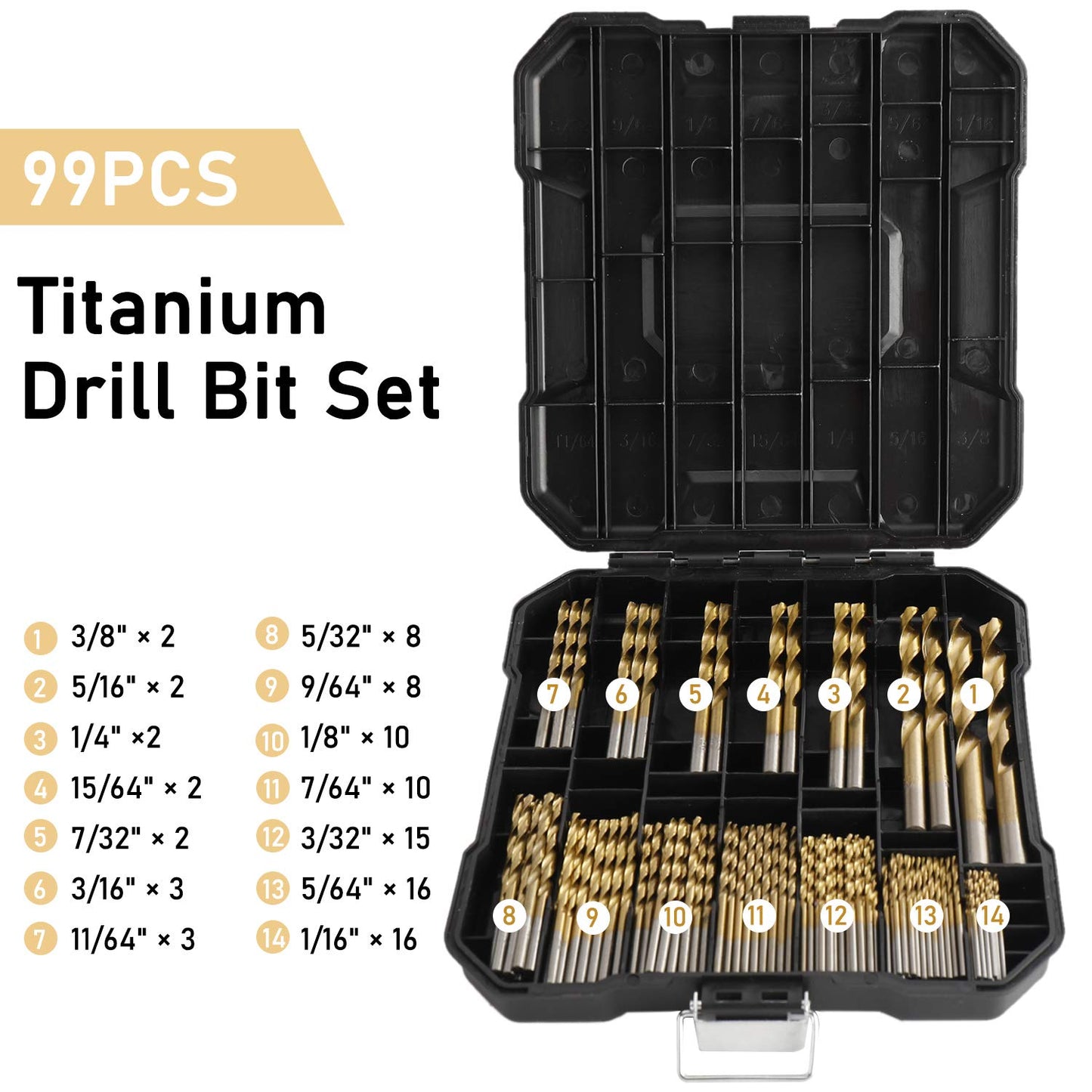 Yaegoo 99 PCS Titanium Twist Drill Bit Set - High Speed Steel for Metal, Steel, Wood, Plastic, Copper, Aluminum Alloy with Storage Case