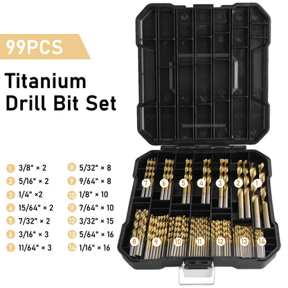 Yaegoo 99 PCS Titanium Twist Drill Bit Set - High Speed Steel for Metal, Steel, Wood, Plastic, Copper, Aluminum Alloy with Storage Case