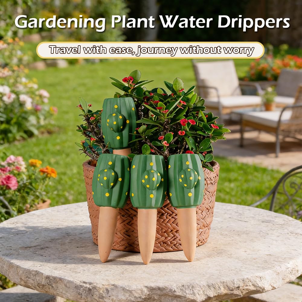 4 Pcs Plant Self-Watering Spikes, Automatic Plant Waterer Devices, Terracotta Drip Water Stakes Irrigation Watering Globes, Plant Watering System for Indoor Outdoor Garden (Cactus)